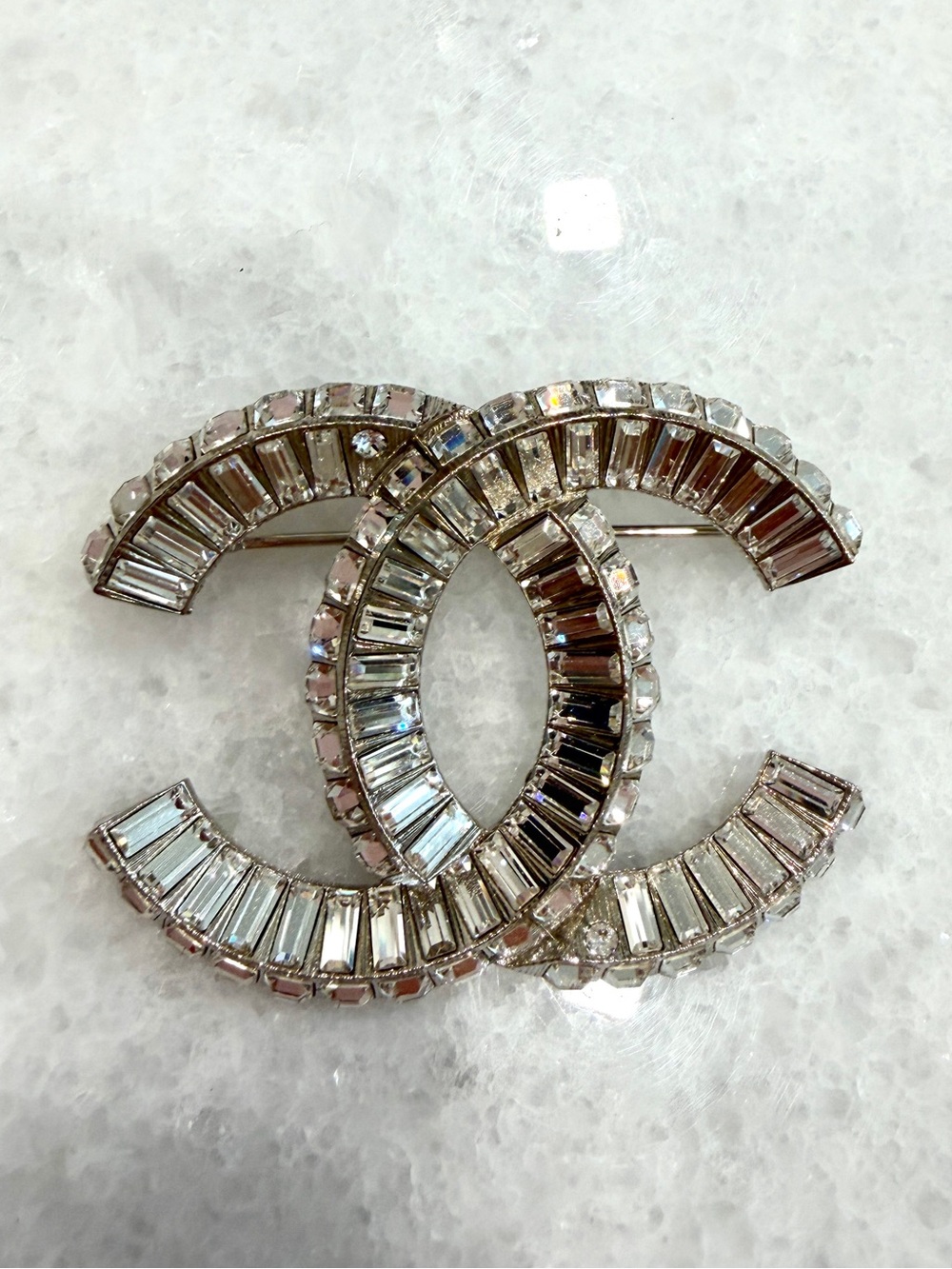 Chanel Brooch Baguette Crystal CC Silver